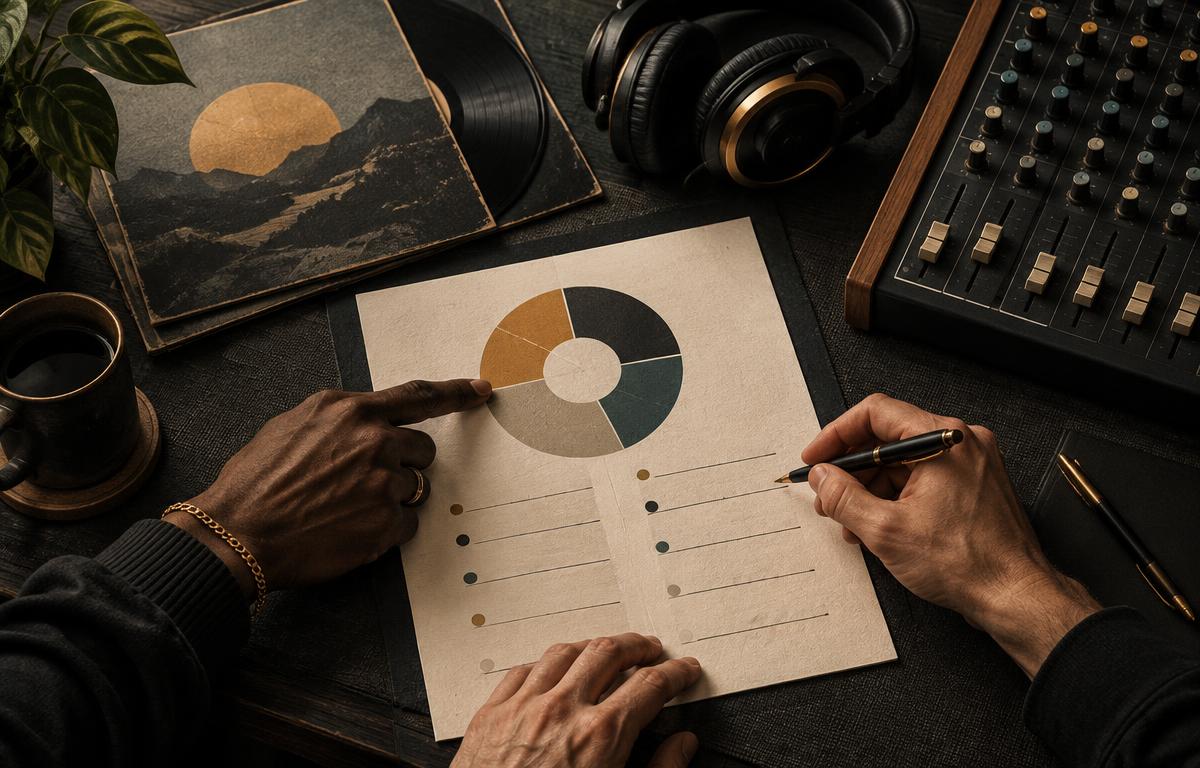 Illustrated split sheet being reviewed together at a music studio desk