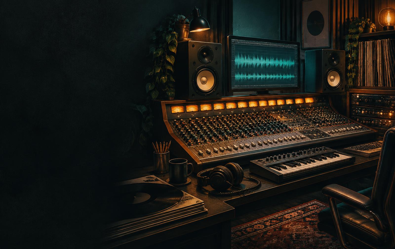 Illustrated music production desk with mixing console, speakers and waveform display